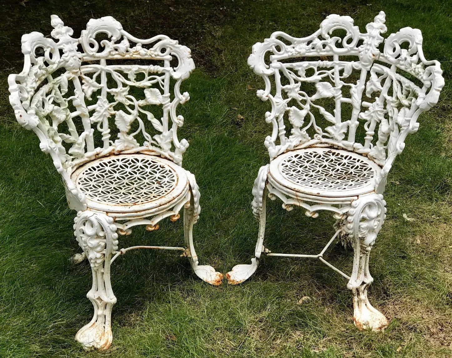 ANTIQUE 19TH C. VICTORIAN CAST IRON GARDEN CHAIRS W/ FLORAL AND VINE DESIGN