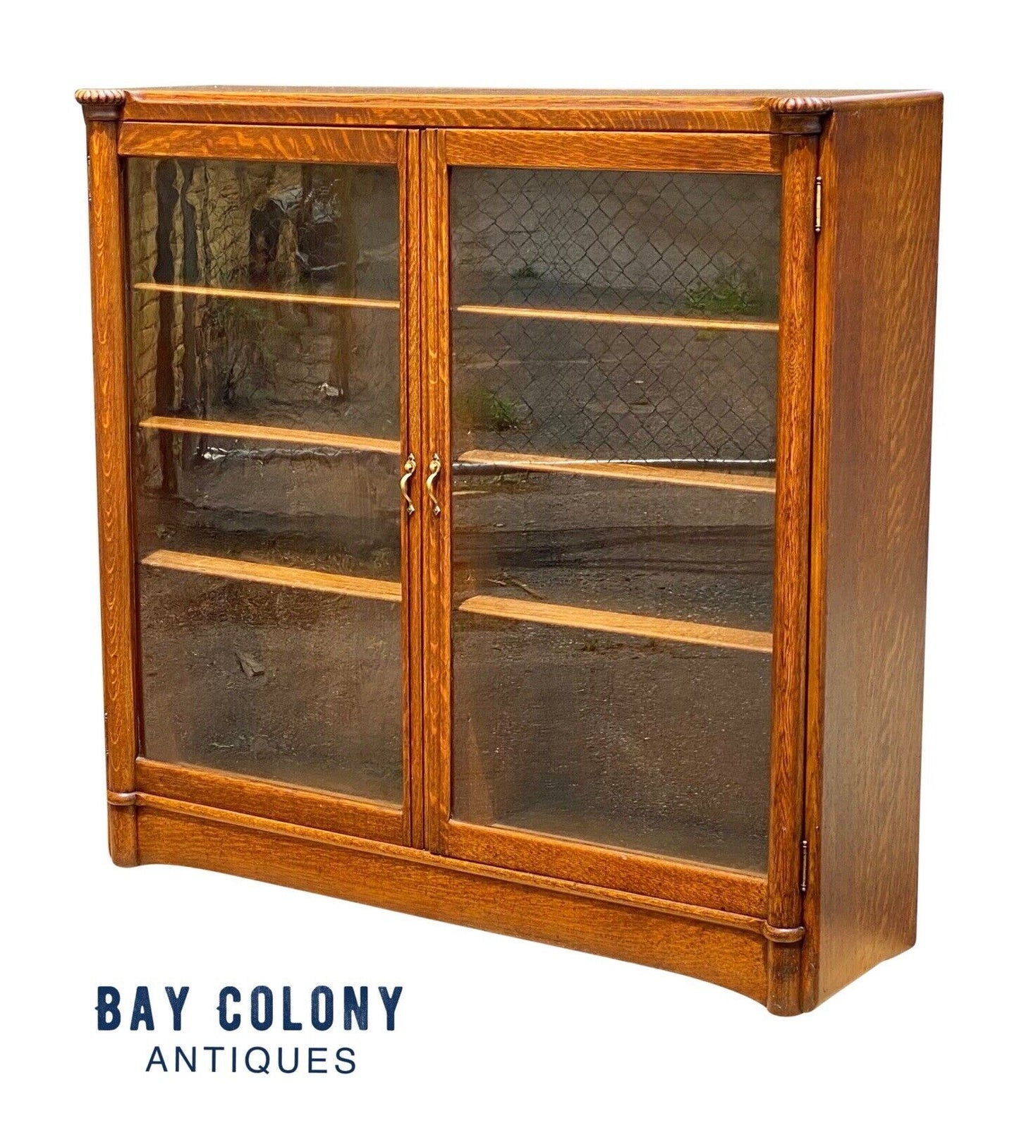 19th C Antique Victorian Tiger Oak Double Glass Door Bookcase / China Cabinet
