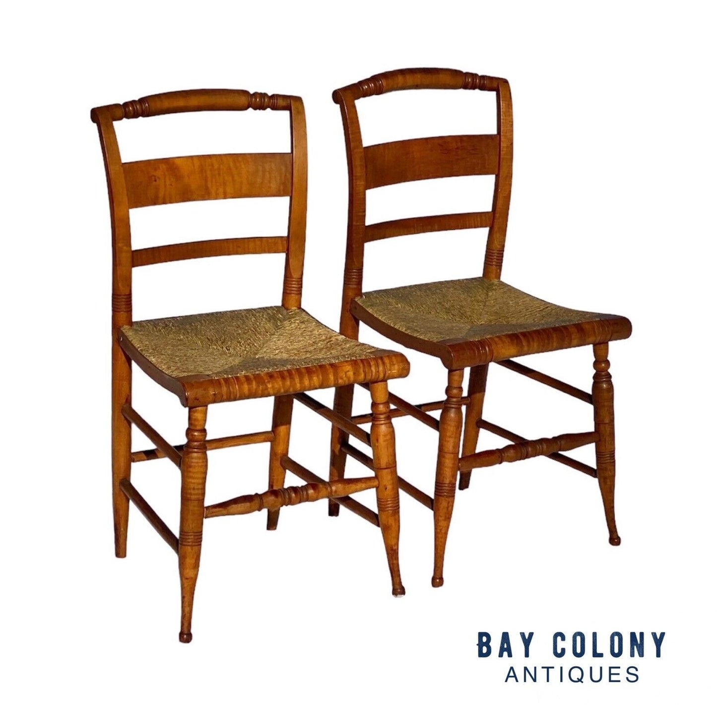 Antique Pair of Tiger Maple Side Chairs with Rush Seats