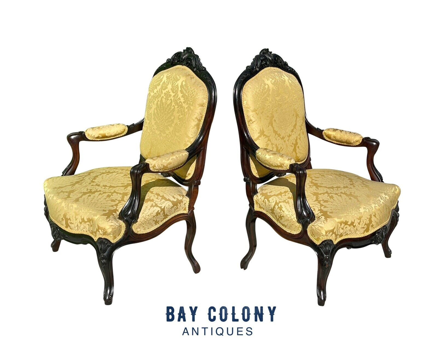 Pair of Louis Xiv Ebonized Rosewood Fauteuil a La Reine Arm Chairs in Satin Gold