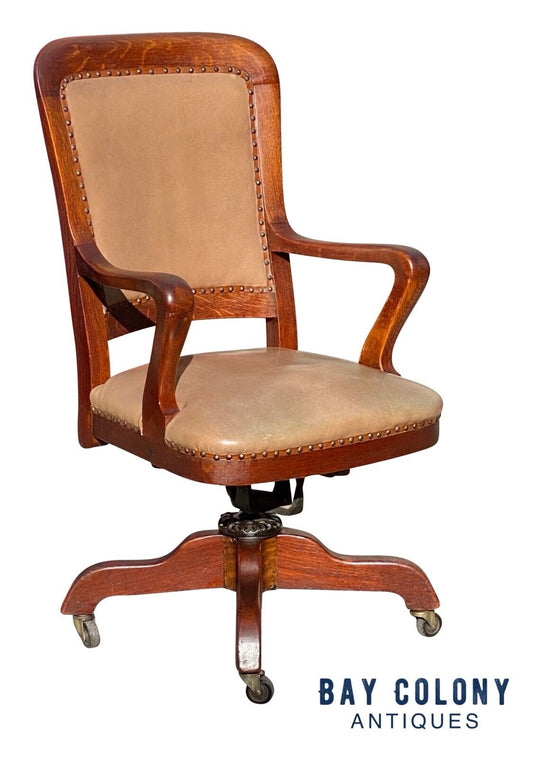 20th C Antique Arts & Crafts Milwaukee Chair Co Oak Swivel Office Desk Chair