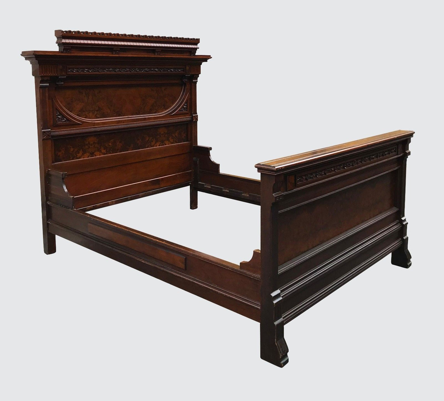 OUTSTANDING BLACK & BURLED WALNUT 2 PC VICTORIAN BEDROOM SET WITH MARBLED TOP