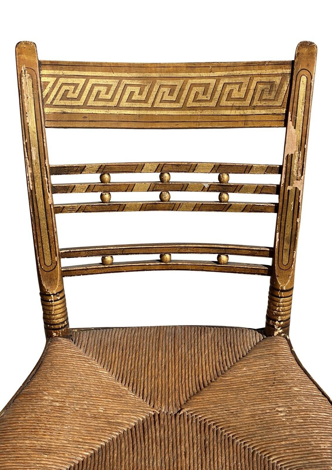 19th C Antique Sheraton Fancy Paint Thumb Back Chair W/ Rush Seat & Greek Key