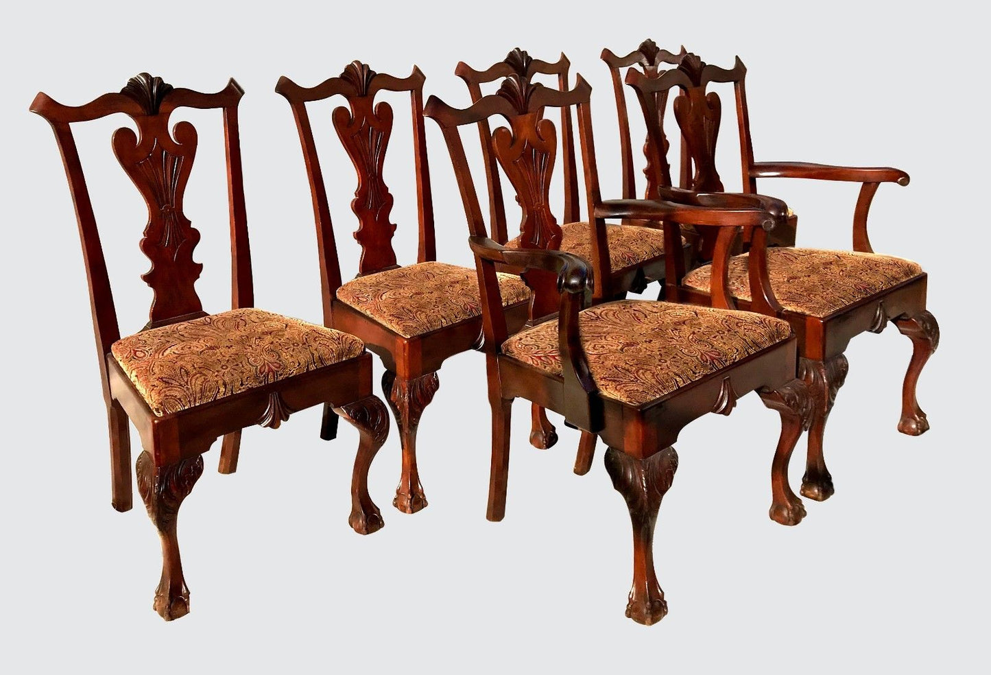 RARE & UNUSUAL ANTIQUE SET OF SIX CHIPPENDALE MAHOGANY DINING BALL & CLAW CHAIRS