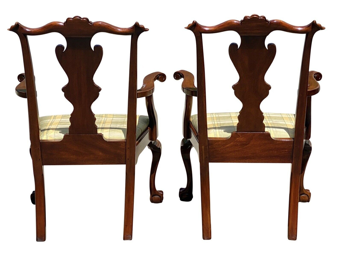 20th C Vintage Pair of Mahogany Henkel Harris Shell Carved Armchairs