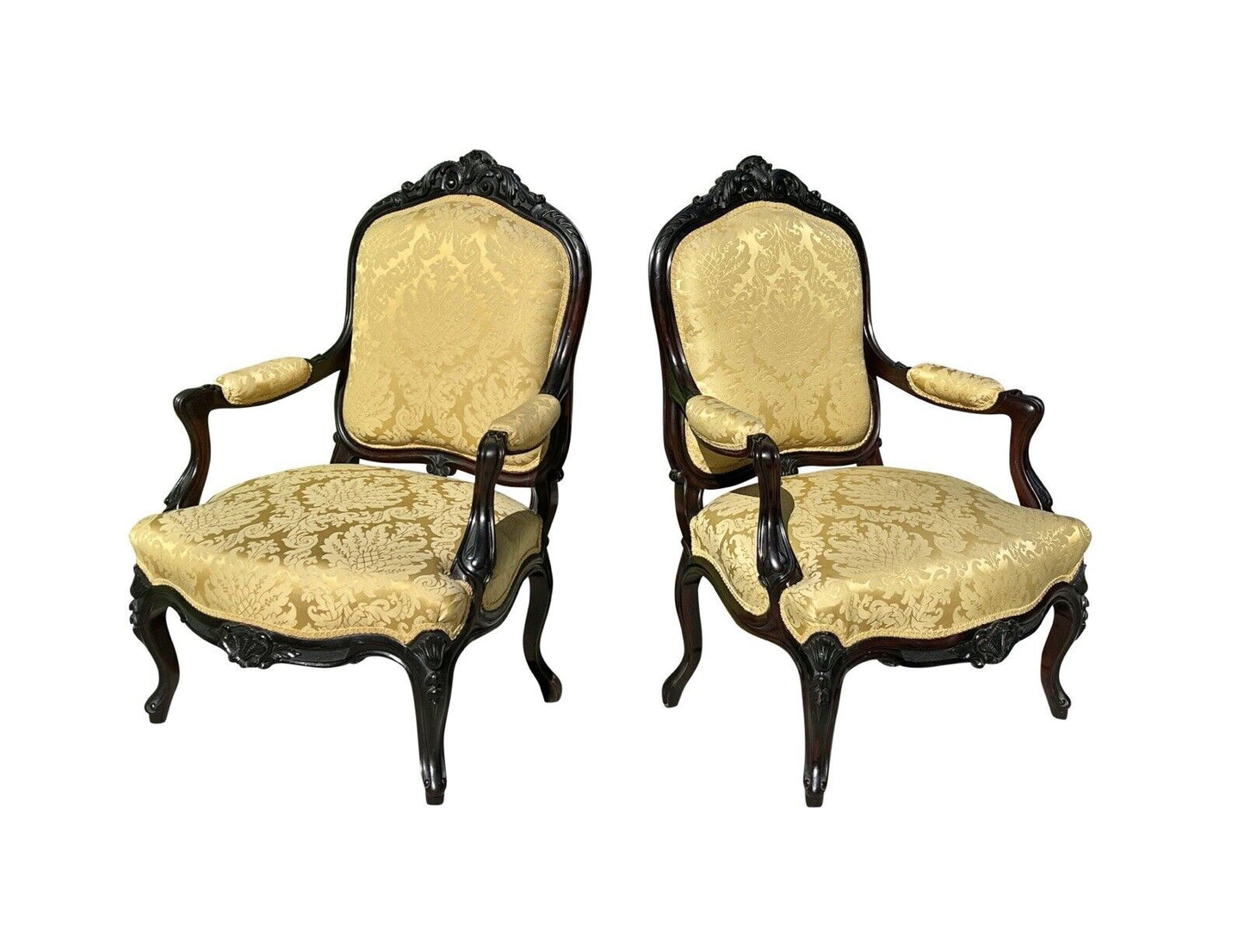 Pair of Louis Xiv Ebonized Rosewood Fauteuil a La Reine Arm Chairs in Satin Gold