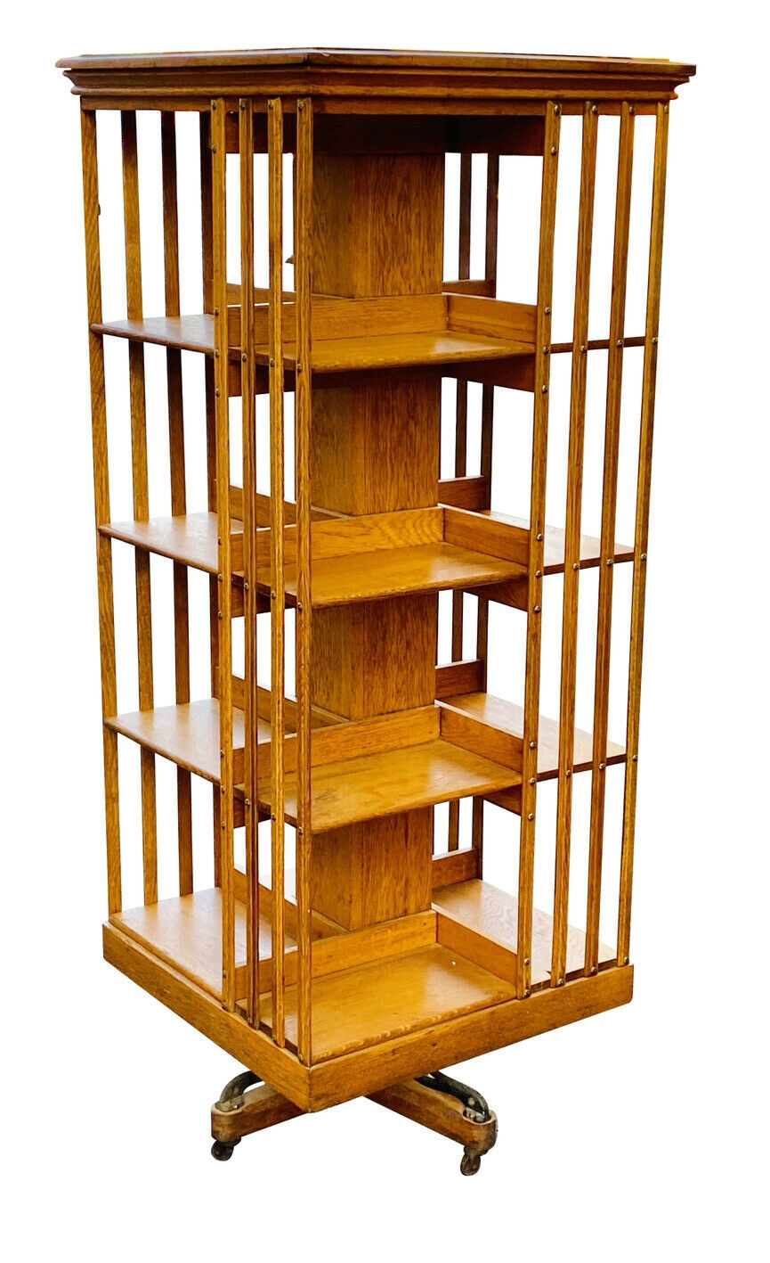 19TH C ANTIQUE OAK VICTORIAN DANNER 4 TIER REVOLVING BOOKCASE