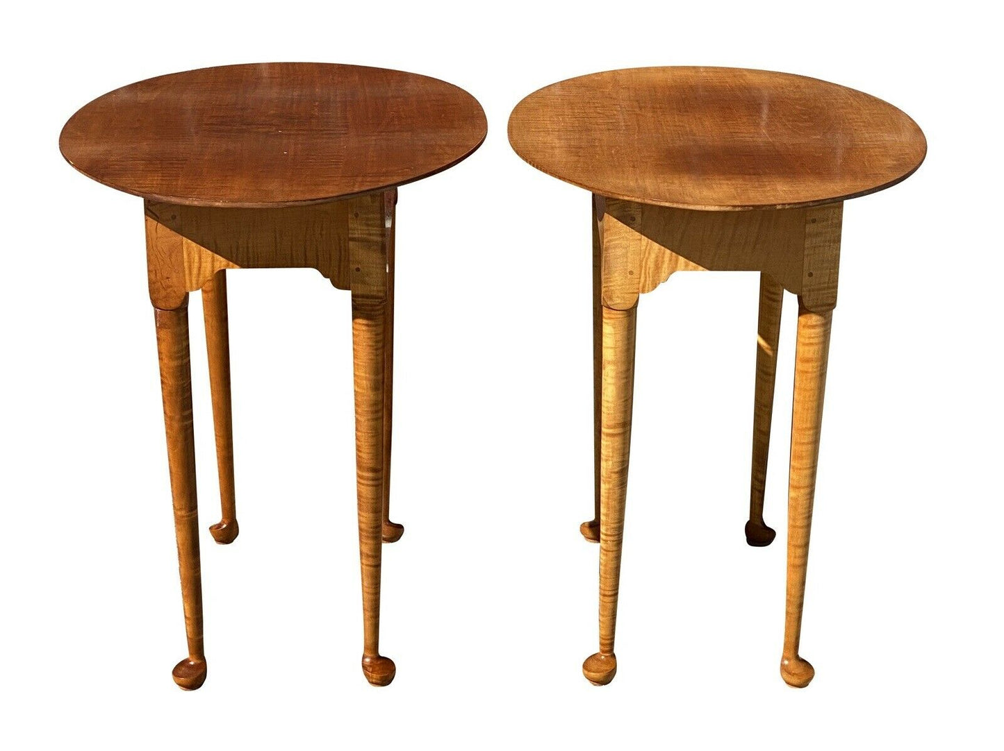 20th C Queen Anne Antique Style Pair of Tiger Maple End Tables / Nightstands