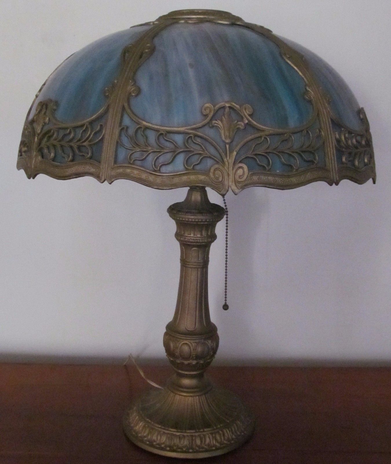 ANTIQUE ARTS & CRAFTS TABLE LAMP WITH SIX PANEL BLUE SHADE