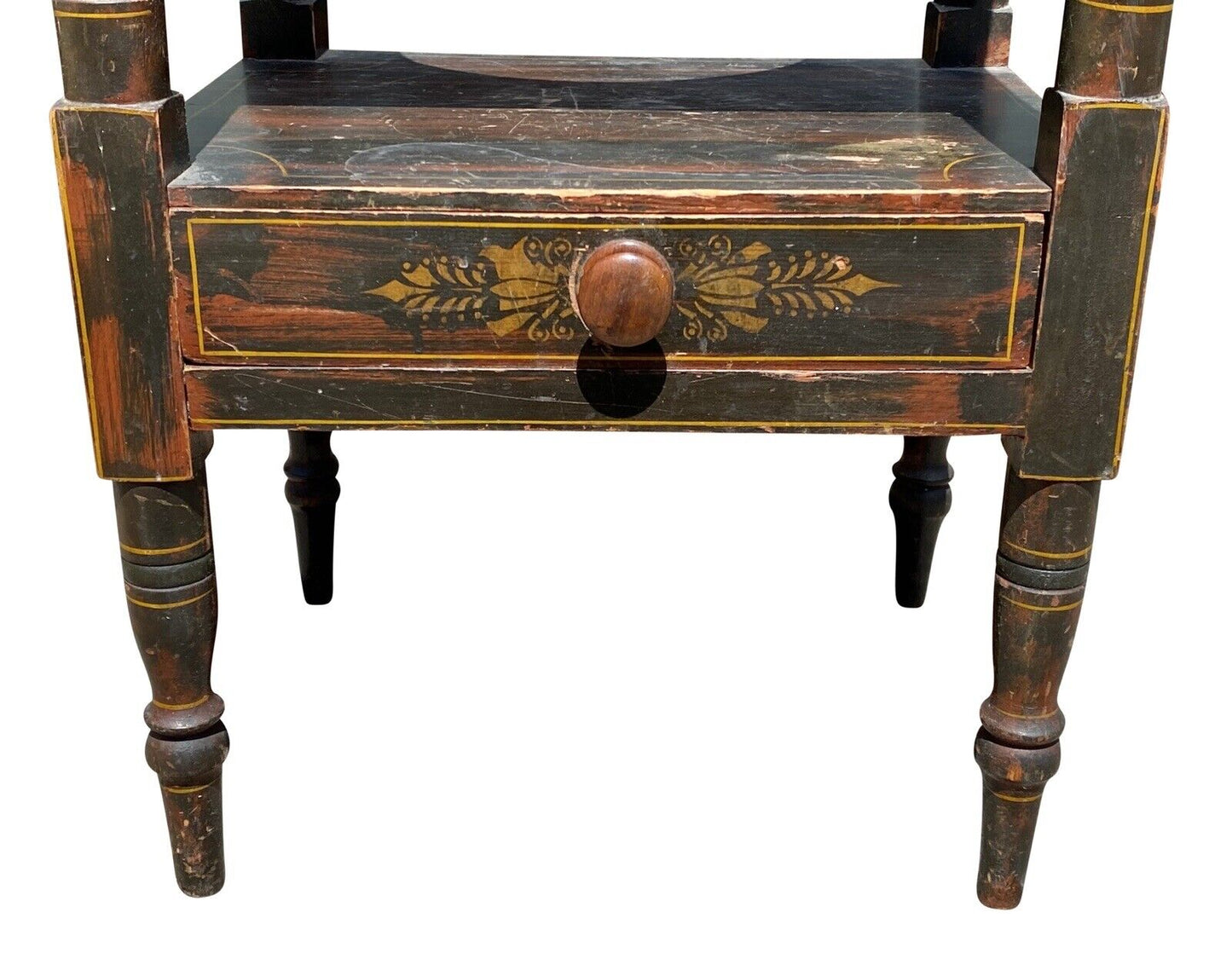 19th C Antique New England Sheraton Fancy Paint Wash Stand - Black & Red