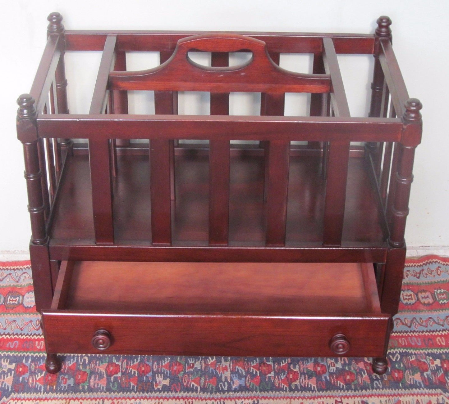 VINTAGE CHIPPENDALE STYLE MAHOGANY CANTERBURY WITH DRAWER