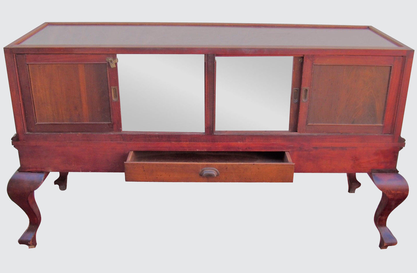 FANCY VICTORIAN BIRCH DISPLAY CASE ON TALL CABRIOLET LEGS