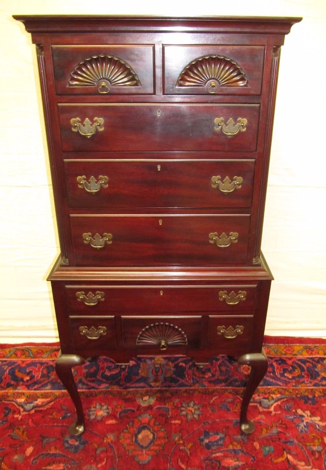 TRIPLE SHELL CARVED 2 PC CHEST ON CHEST SOLID MAHOGANY CHIPPENDALE HIGHBOY