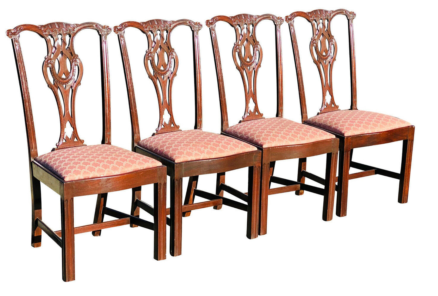 20TH C SET OF 8 CHIPPENDALE ANTIQUE STYLE CARVED MAHOGANY DINING CHAIRS