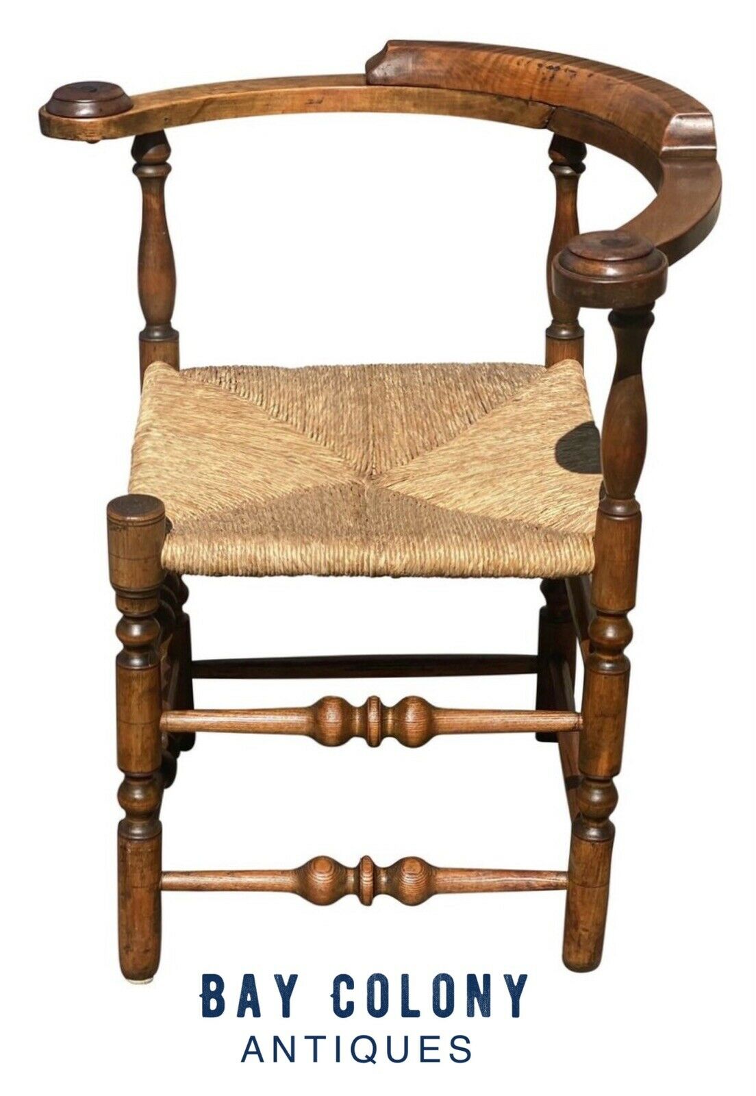 18TH C ANTIQUE QUEEN ANNE TIGER MAPLE ROUNDABOUT / CORNER CHAIR W/ RUSH SEAT