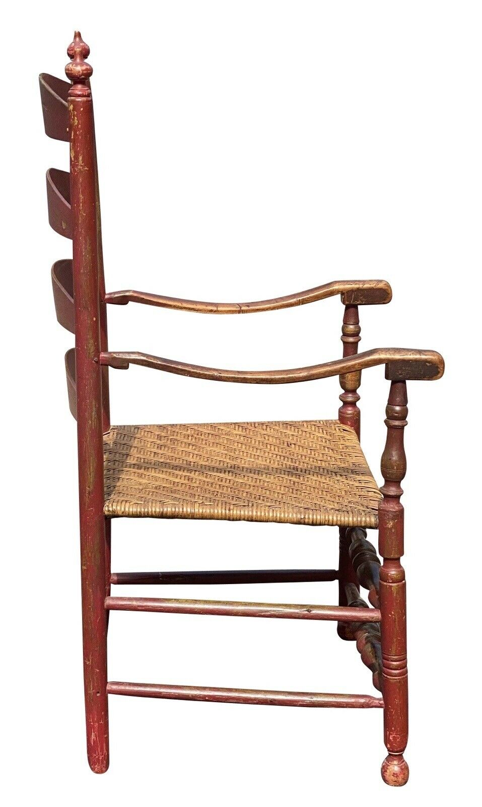 18TH C ANTIQUE QUEEN ANNE NEW ENGLAND LADDER BACK ARM CHAIR W/ SPLINT SEAT