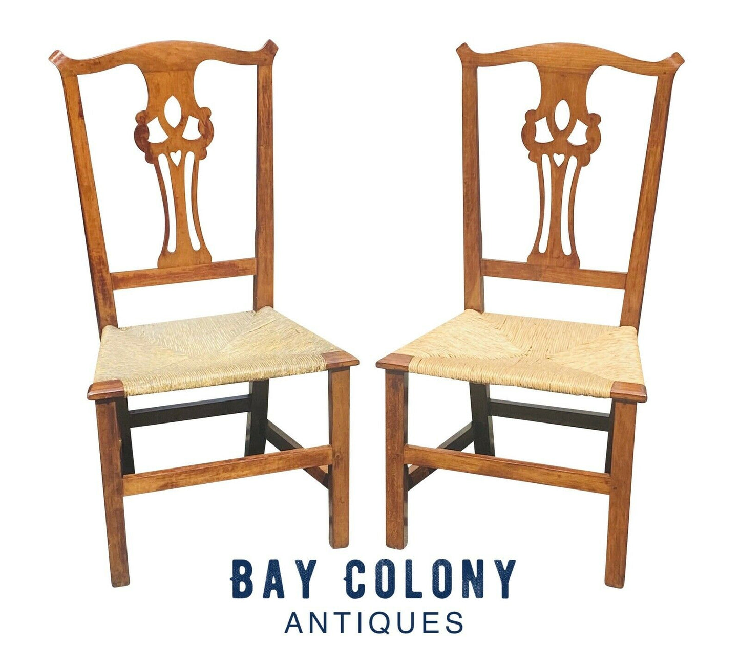 18th C Antique Pair Of Chippendale Side Chairs With Rush Seat & Heart Carving