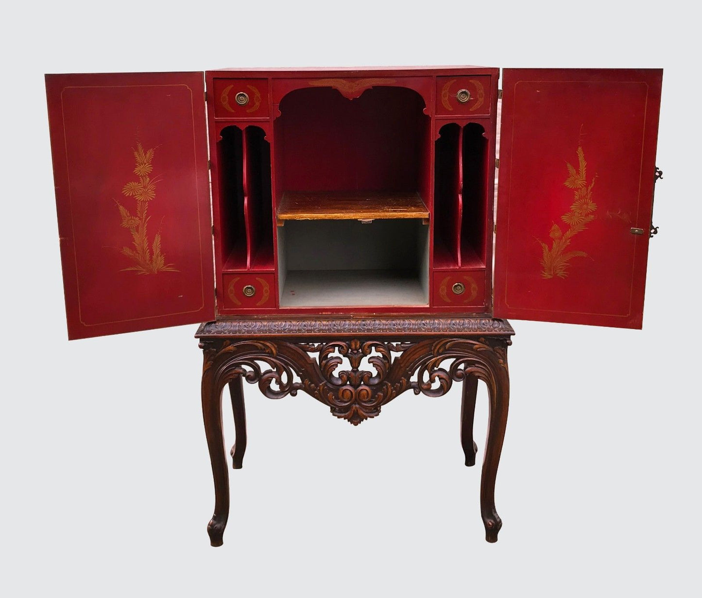 EXCEPTIONAL CHINOISERIE DESK ON CARVED FRAME SECRETARY DESK-SUPERIOR SPECIMEN