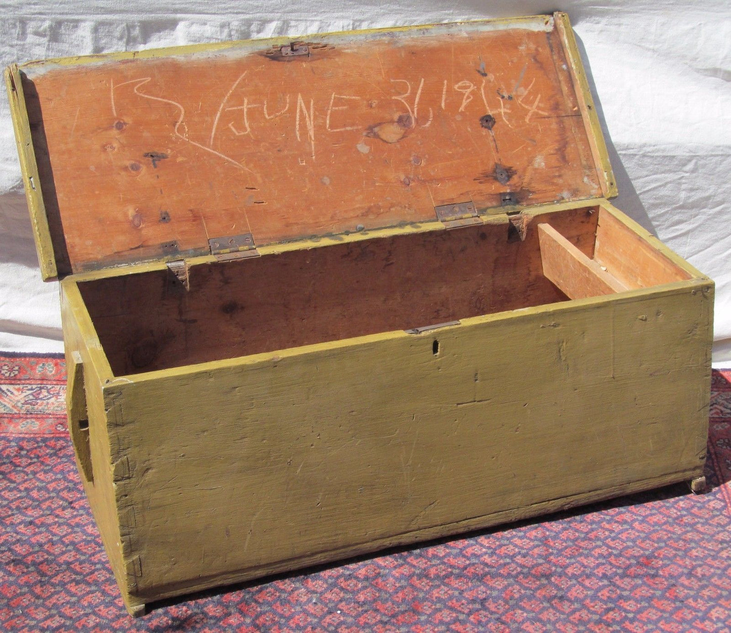 18TH CENTURY CANTED SEA CHEST WITH 1944 ARTIST PAINTED HARBOR & LIGHTHOUSE