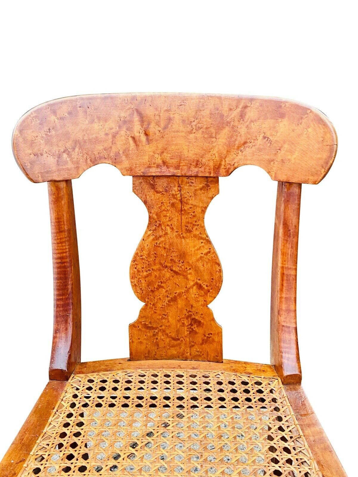19TH C ANTIQUE TIGER MAPLE & BIRDS EYE MAPLE EMPIRE SABER LEG CHAIR W/ CANE SEAT