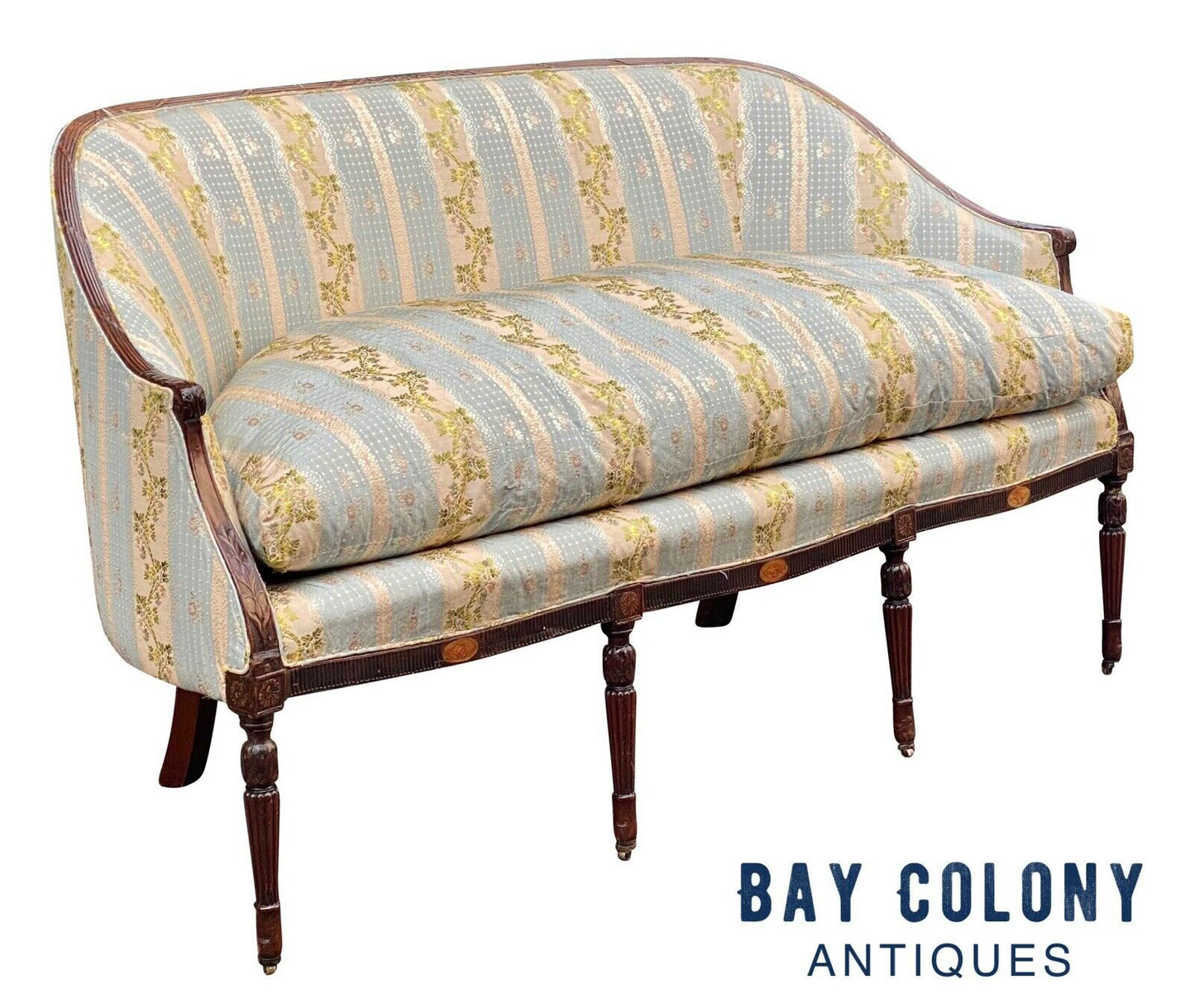 20th C Antique Sheraton Mahogany Sofa W/ Reeded Legs & Conch Shell Inlay