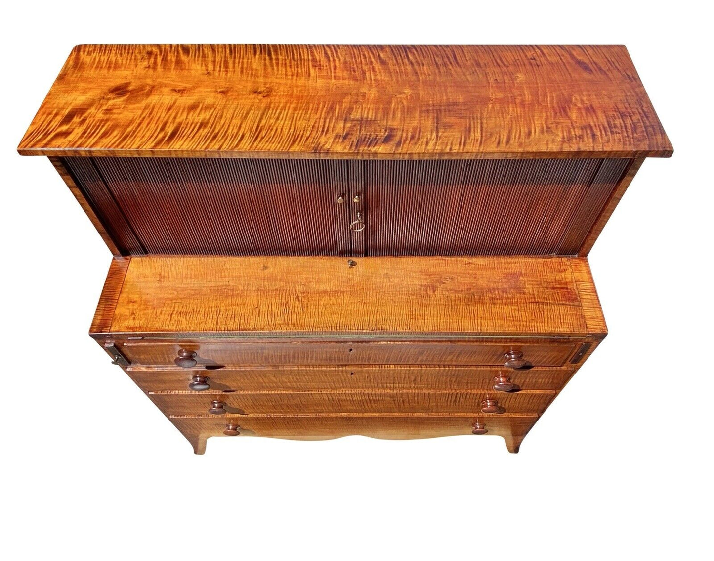 18TH C ANTIQUE NEW HAMPSHIRE TIGER MAPLE HEPPLEWHITE TAMBOUR SECRETARY DESK
