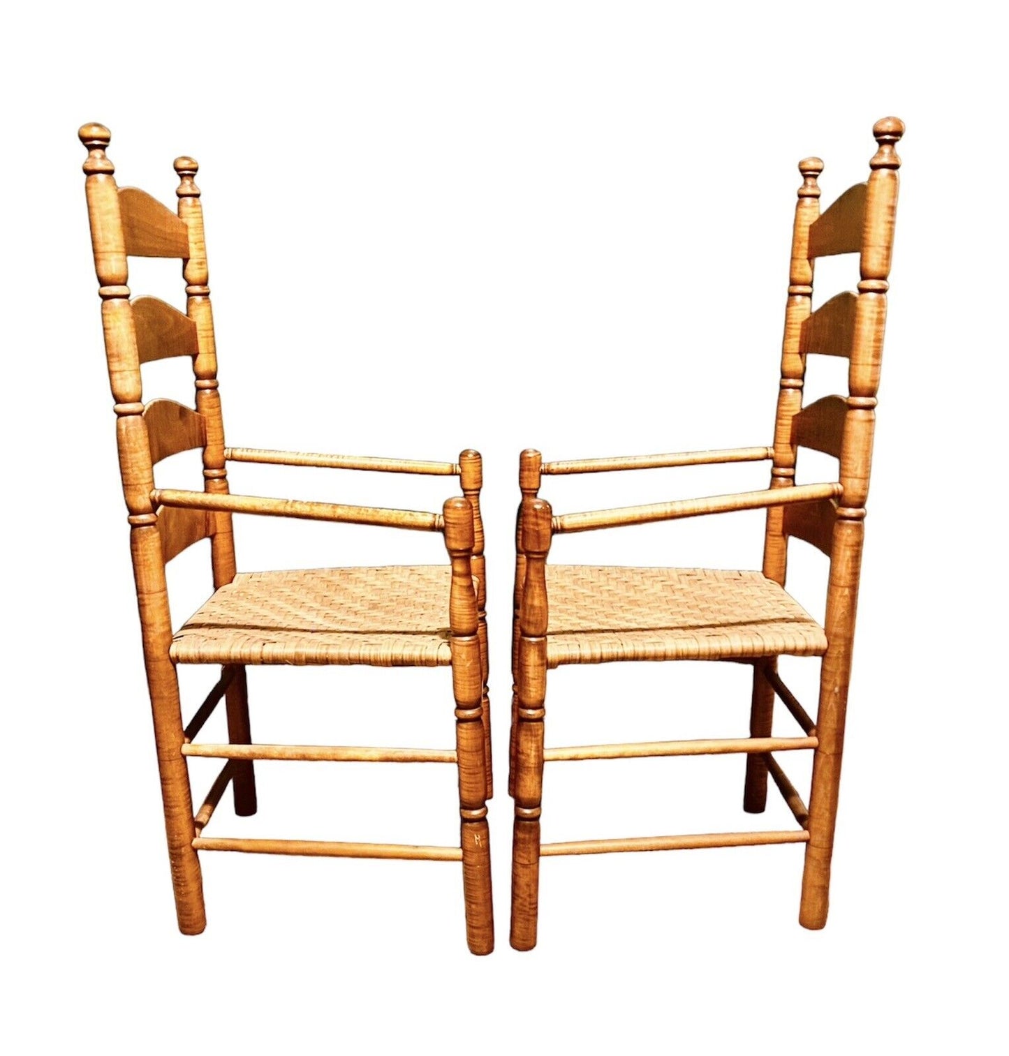 Vintage Pair of William & Mary Style Tiger Maple Ladder Back Armchairs