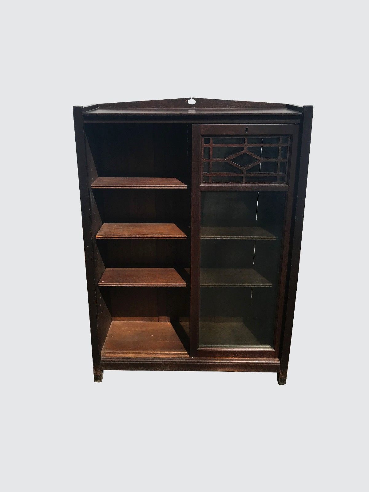 ANTIQUE ARTS & CRAFTS MISSION OAK SLIDING DOUBLE GLASS BOOKCASE W/ TENONED POST