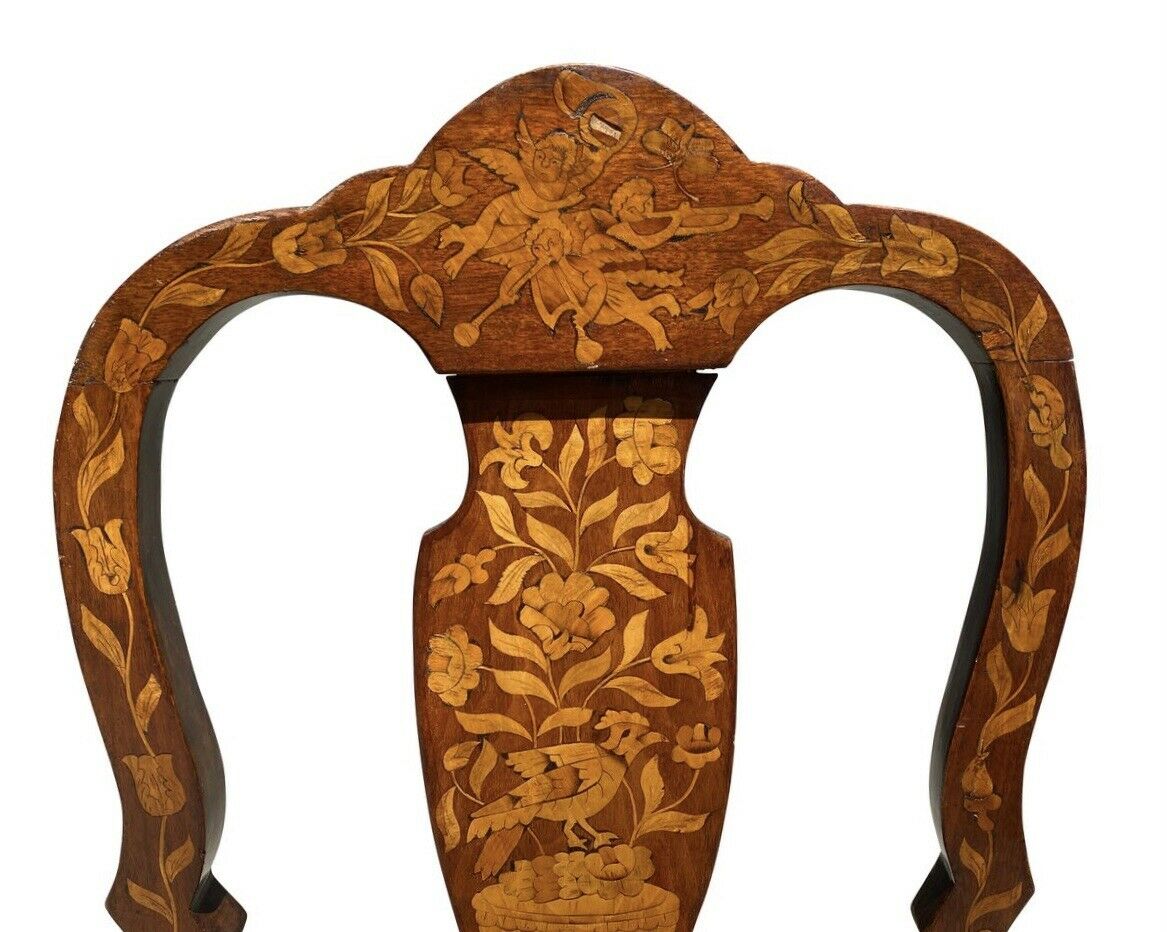 18TH C ANTIQUE DUTCH MARQUETRY INLAID WALNUT CHAIR ~ NORTH WIND FACE & MERMAID