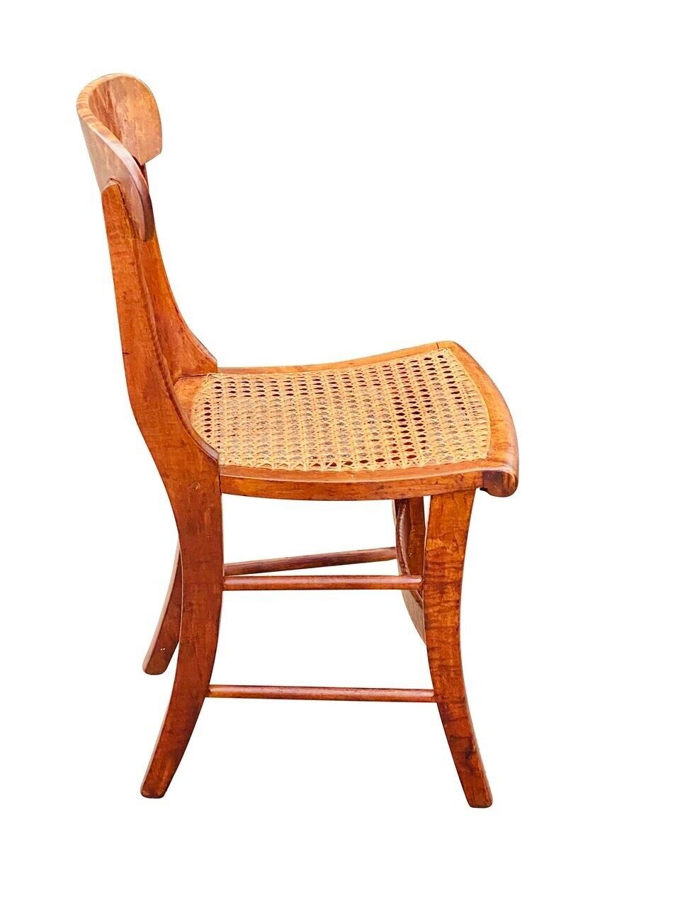 19TH C ANTIQUE TIGER MAPLE & BIRDS EYE MAPLE EMPIRE SABER LEG CHAIR W/ CANE SEAT