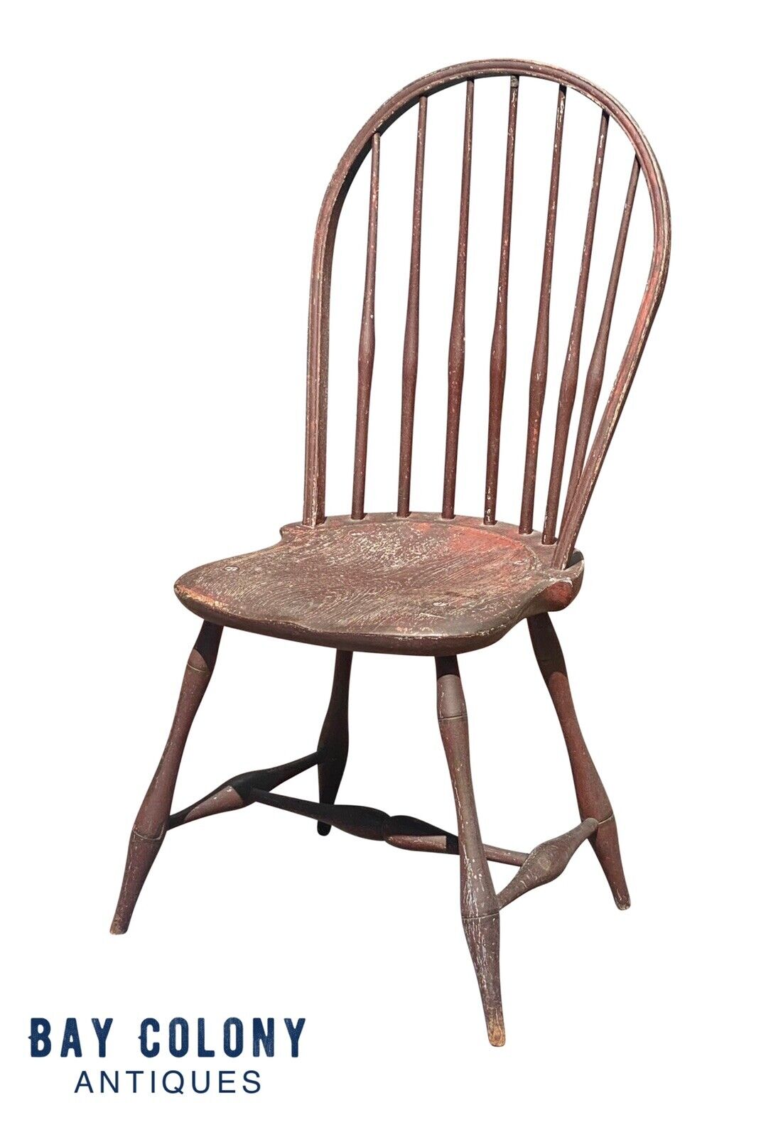 18th C Antique New England Farmhouse Windsor Hoop Back Chair - Oxblood Red Paint