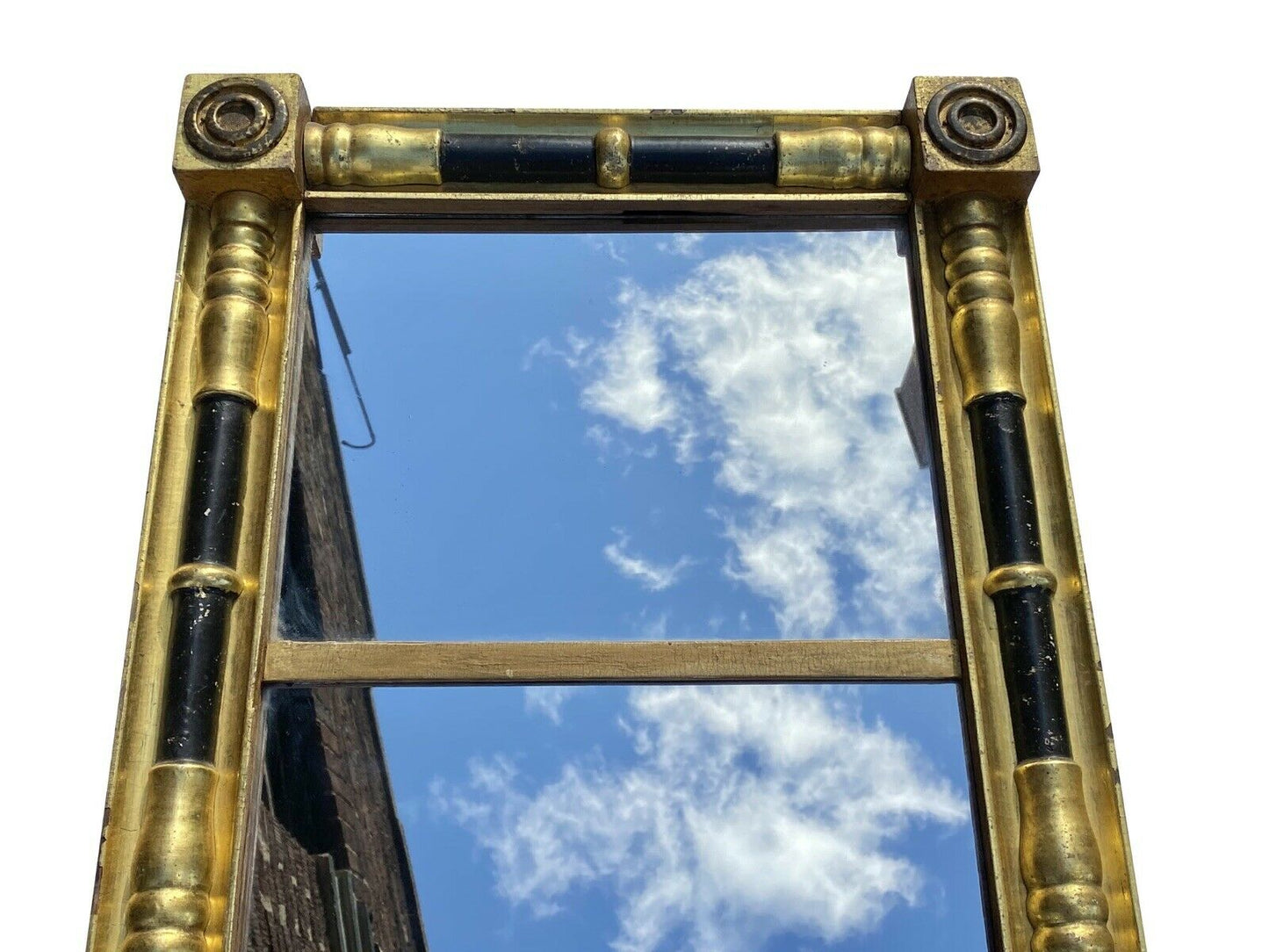 19TH C ANTIQUE SHERATON GOLD & BLACK 2 PANEL MIRROR