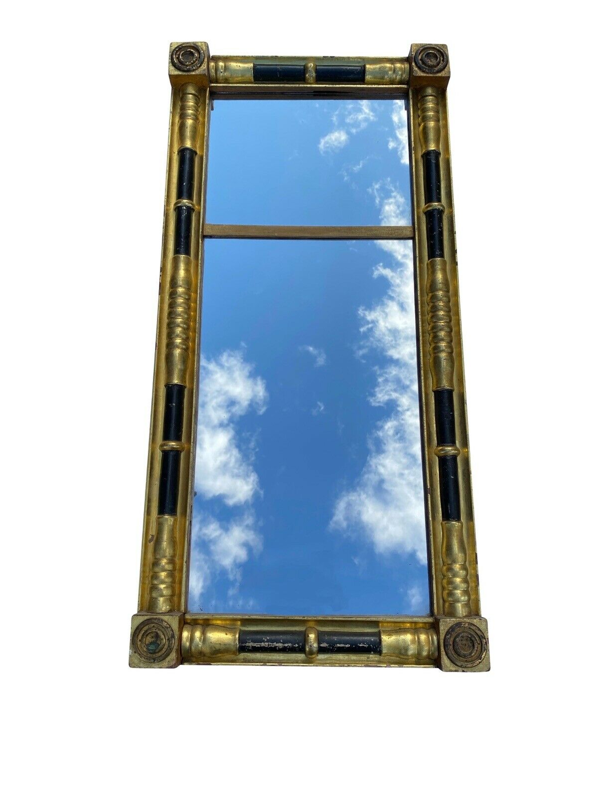 19TH C ANTIQUE SHERATON GOLD & BLACK 2 PANEL MIRROR