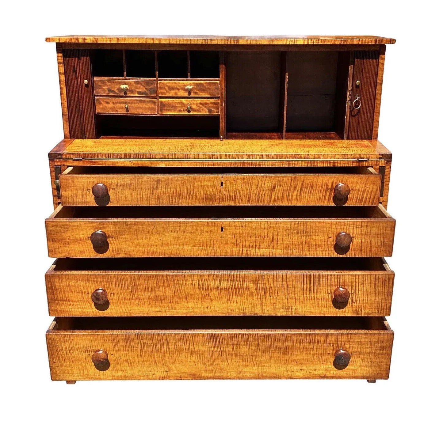 18TH C ANTIQUE NEW HAMPSHIRE TIGER MAPLE HEPPLEWHITE TAMBOUR SECRETARY DESK