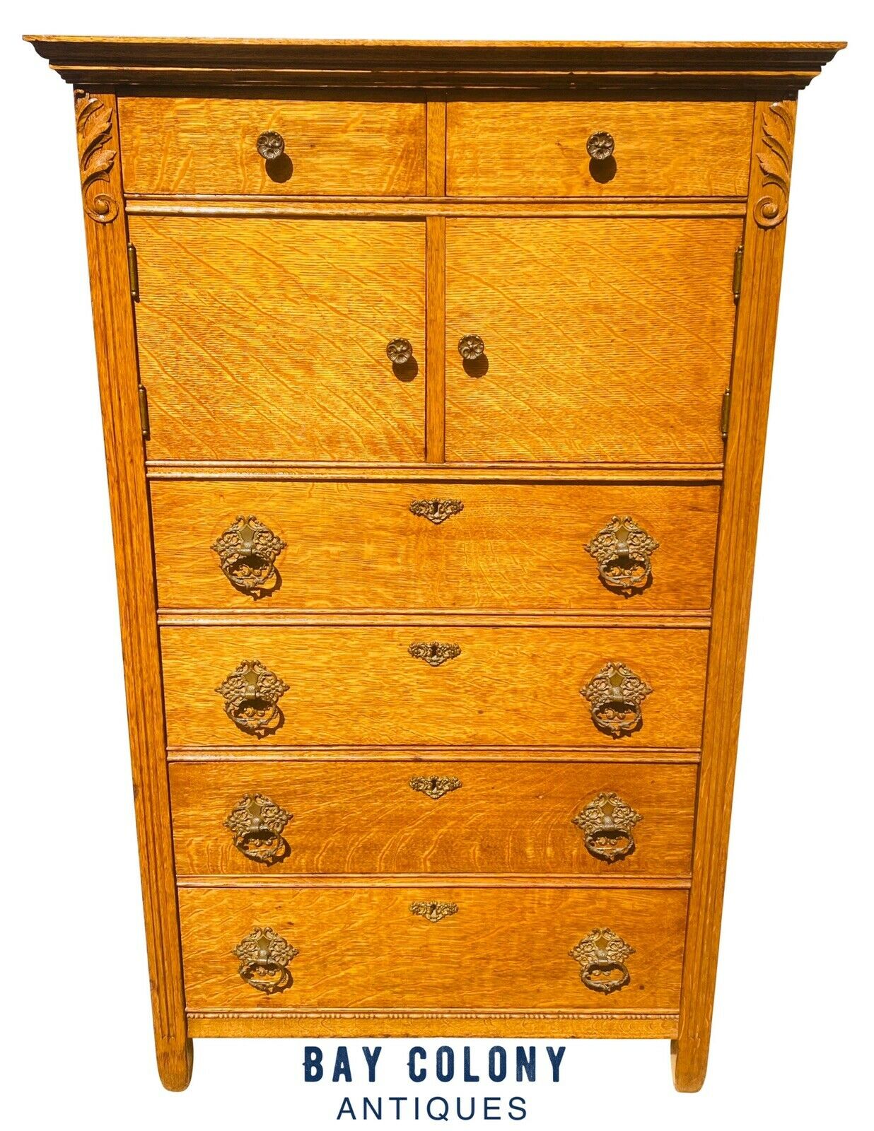 19TH C ANTIQUE VICTORIAN TIGER OAK HAT BOX DRESSER / TALL CHEST