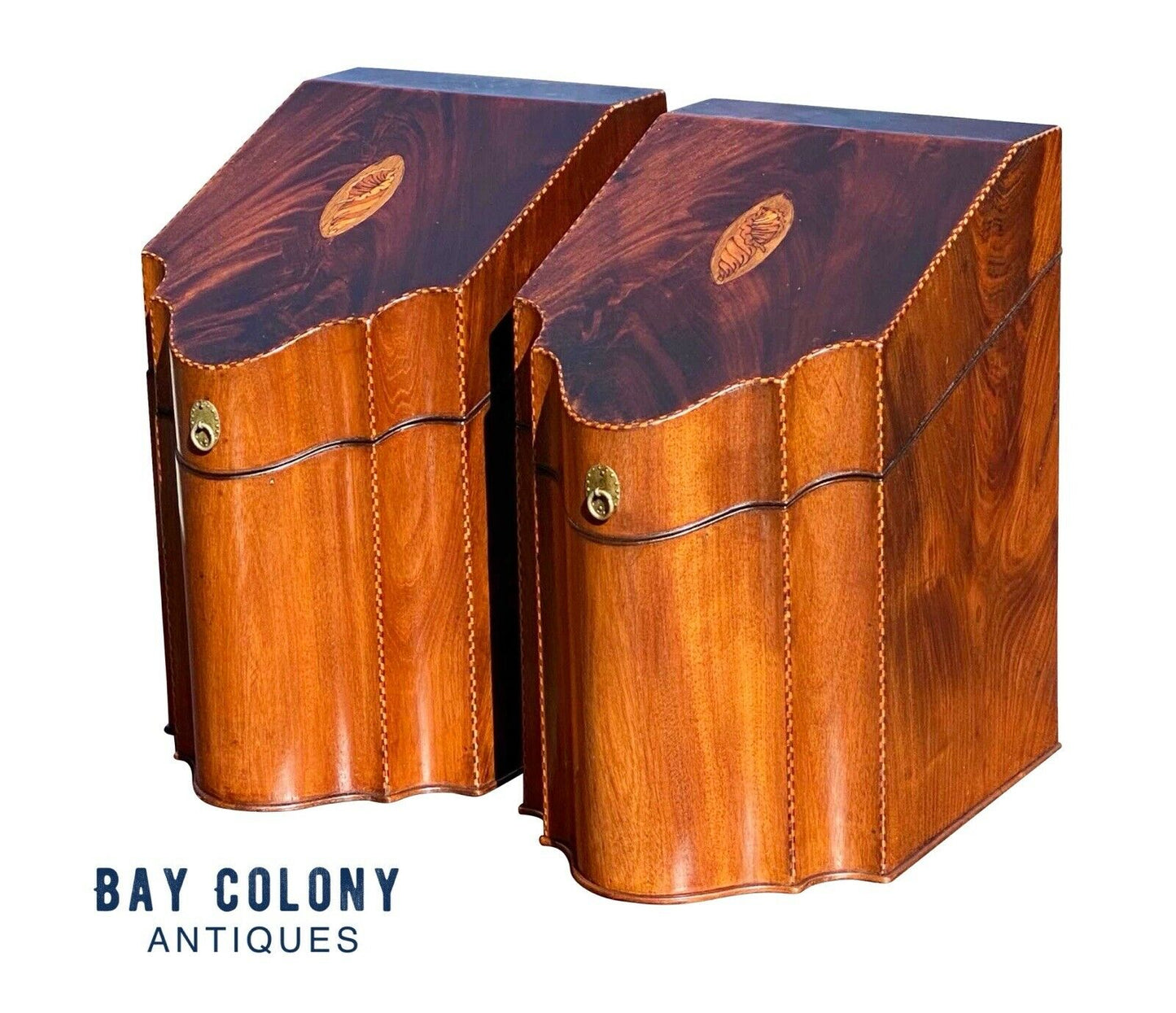 18th C Pair of Antique Federal Mahogany Knife Boxes - Conch Shell & Star Inlay