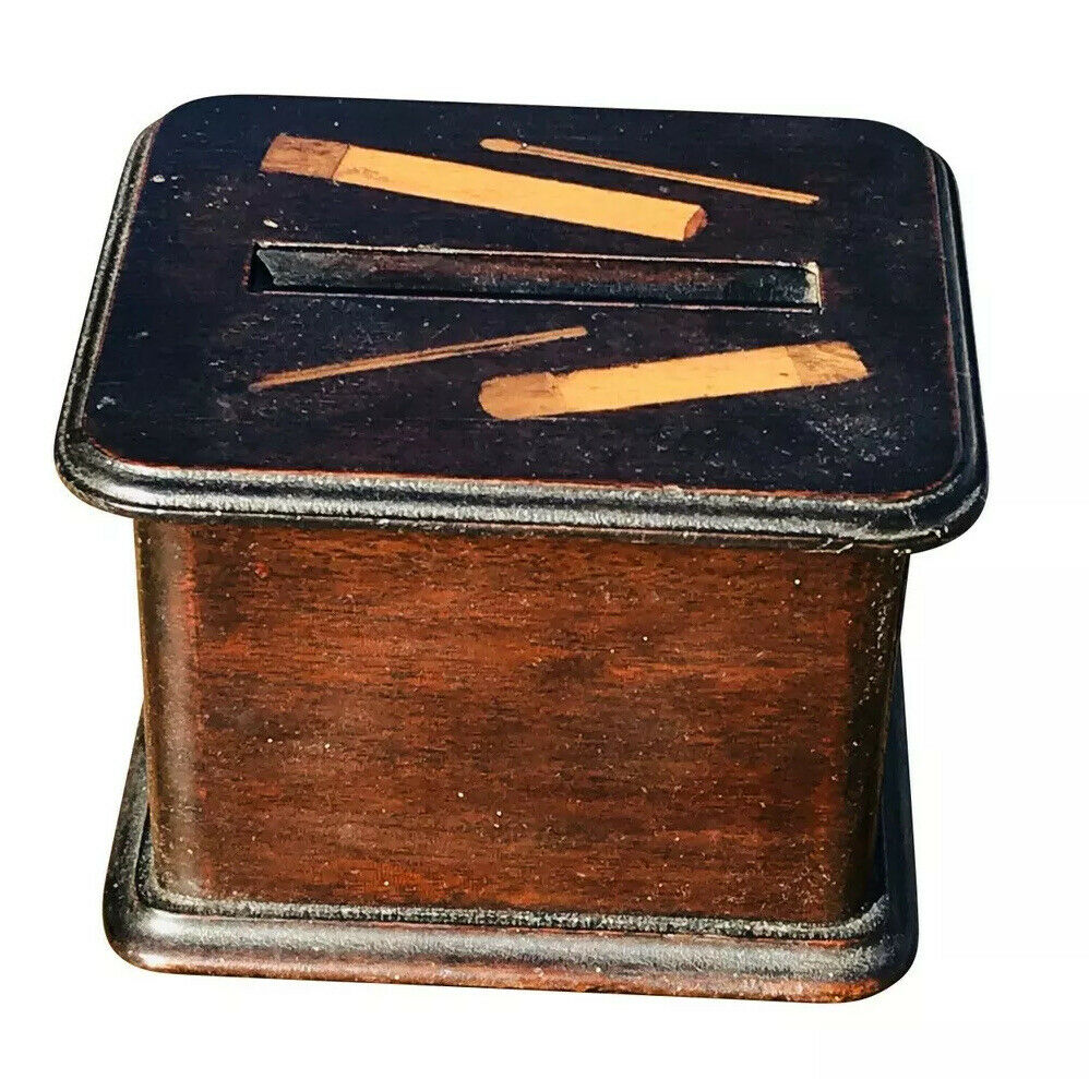 19TH C ANTIQUE INLAID PRIMITIVE FOLK ART MECHANICAL CIGARETTE / SMOKING BOX
