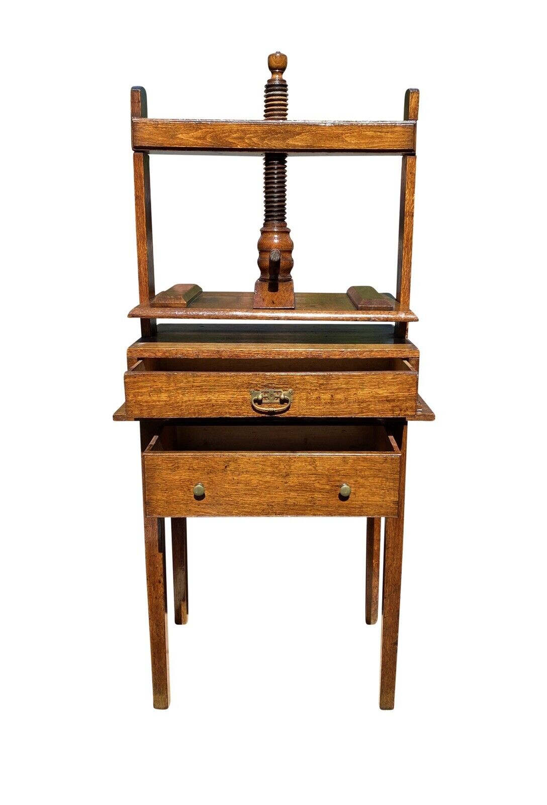 18th C Antique English Tiger Oak Book Press on Stand With 2 Drawers