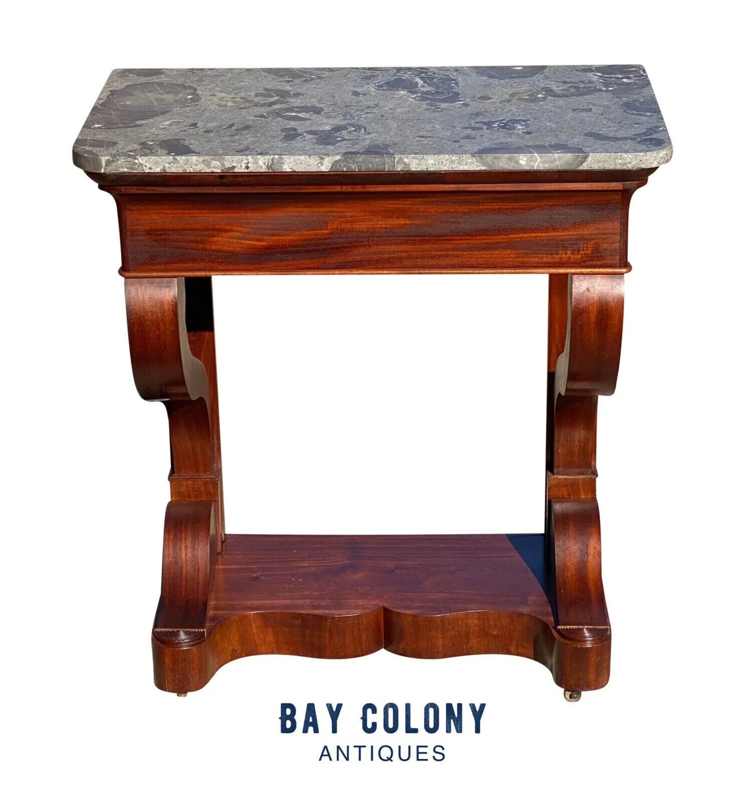 19th C Narrow Antique French Empire Mahogany Console Table With Granite Top