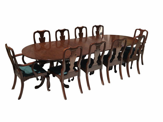 20TH C HENKEL HARRIS DOUBLE PEDESTAL DINING SET ~ BANQUET TABLE & 10 CHAIRS