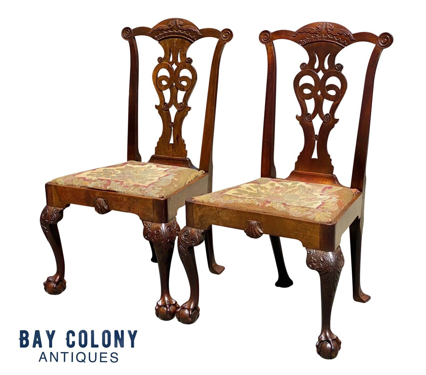 18th C Pair of Antique Irish Chippendale Chairs - Irish Phoenix W/ Ball & Claw
