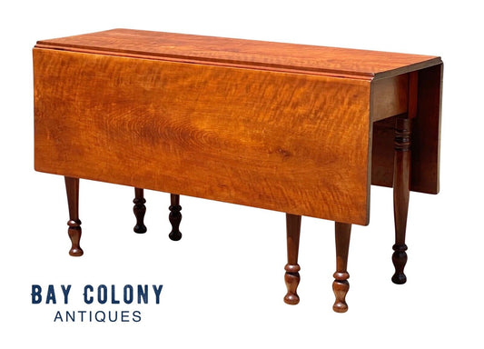 19th C Antique Sheraton Figured Cherry Drop Leaf Dining Table - 52" Long