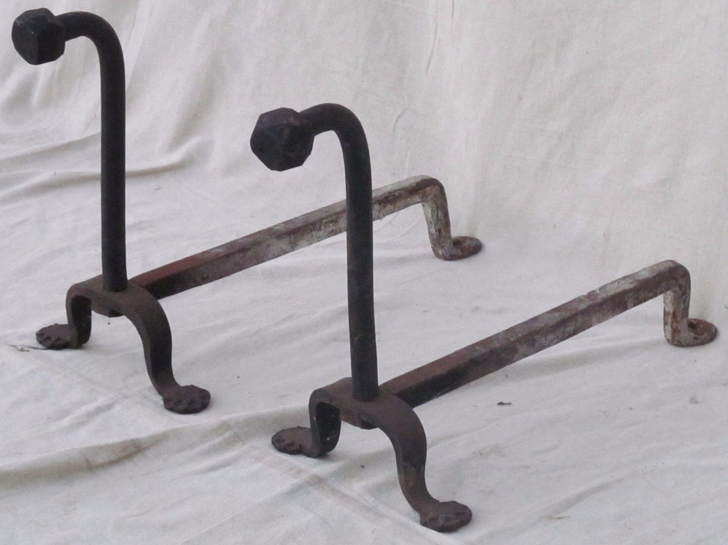 18TH CENTURY WROUGHT IRON GOOSE NECK PENNY & COMPASS FOOTED ANDIRONS