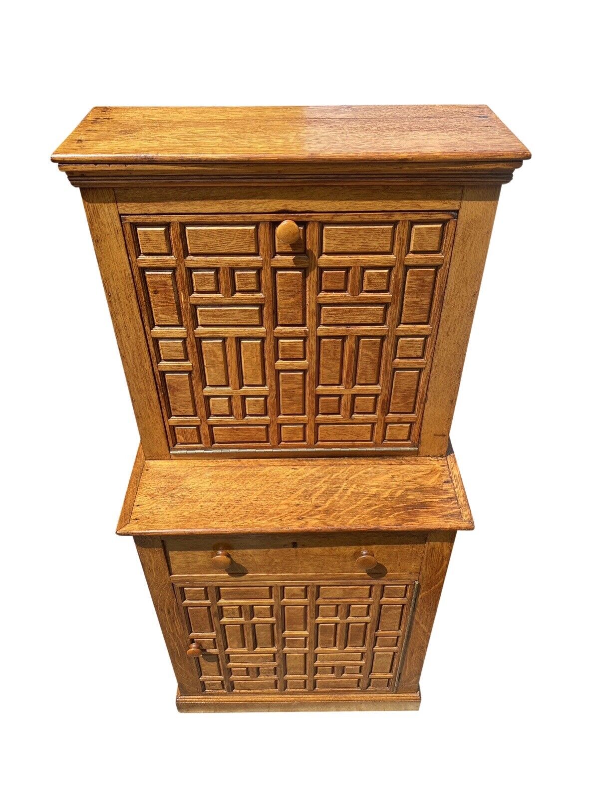 Antique Arts & Crafts Oak Liquor Cabinet With Geometric Panel Doors - Rare Size