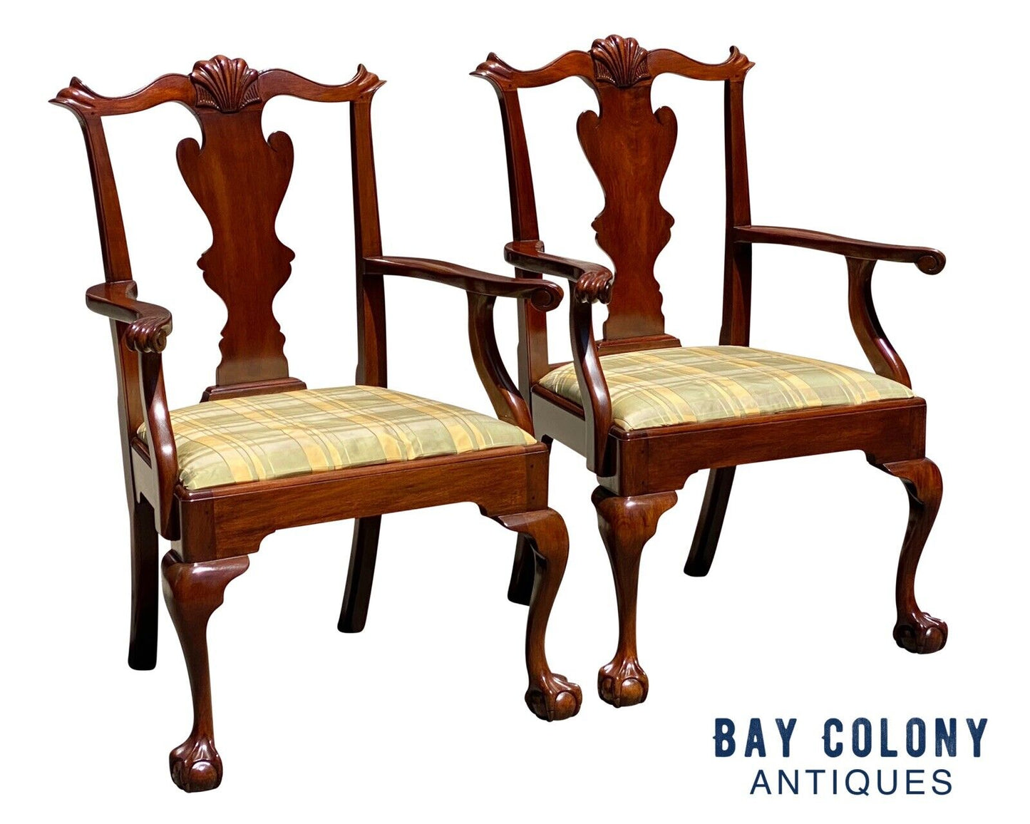 20th C Vintage Pair of Mahogany Henkel Harris Shell Carved Armchairs