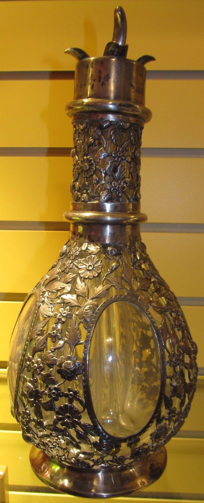STERLING SILVER FRENCH 4 CHAMBER LIQUOR DECANTER-FINE FLORAL REPOSE WORK