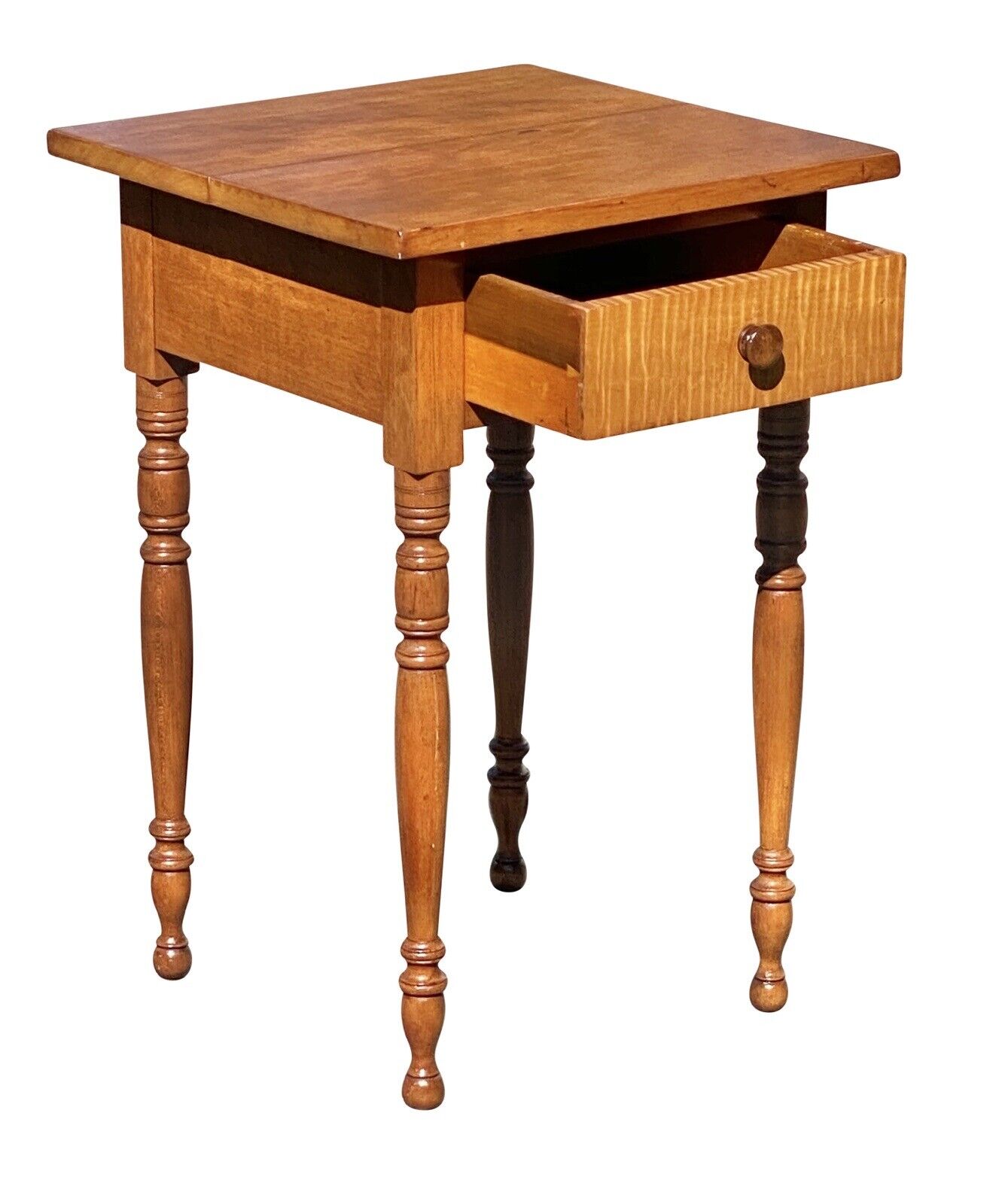 19th C Antique Sheraton Cherry & Tiger Maple Worktable / Nightstand