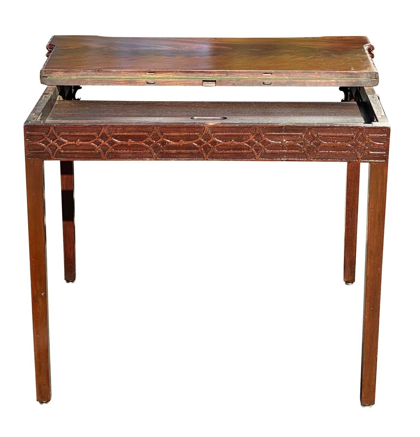 19th C Antique Irish Chinese Chippendale Mahogany Game Table W/ Concertina Legs