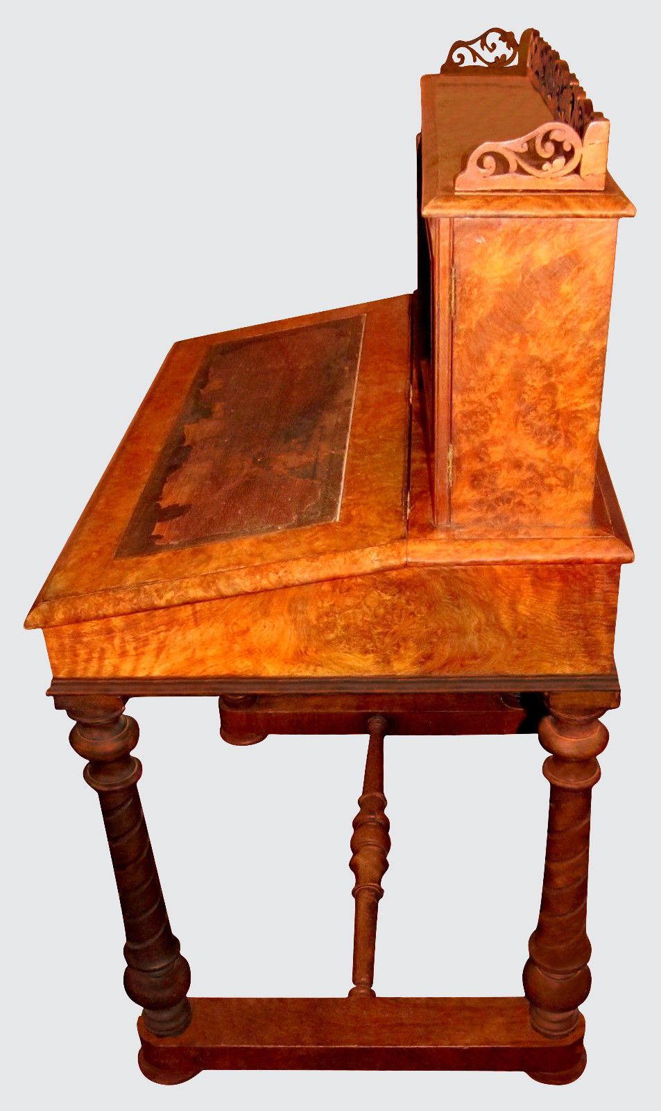VICTORIAN BURLED WALNUT LADIES DESK W/ SHORT SECRETARY & PIERCED GALLERY