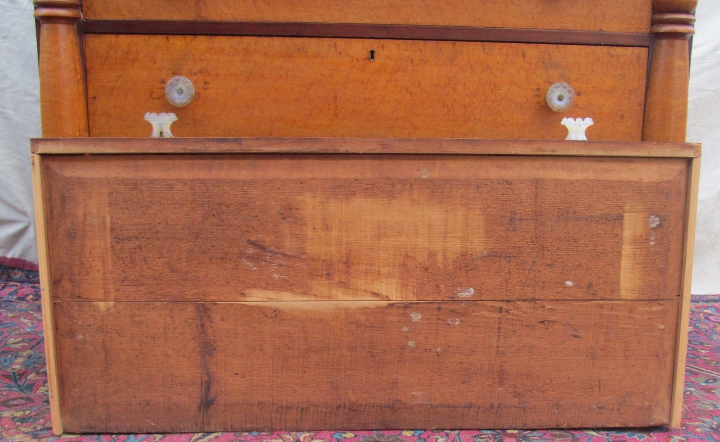 SHERATON BIRD'S EYE MAPLE & MAHOGANY CHEST OF DRAWERS WITH SANDWICH GLASS KNOBS